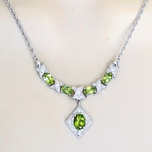 Sterling Silver Faceted Genuine Oval Peridot & Diamond  Necklace 16-18"